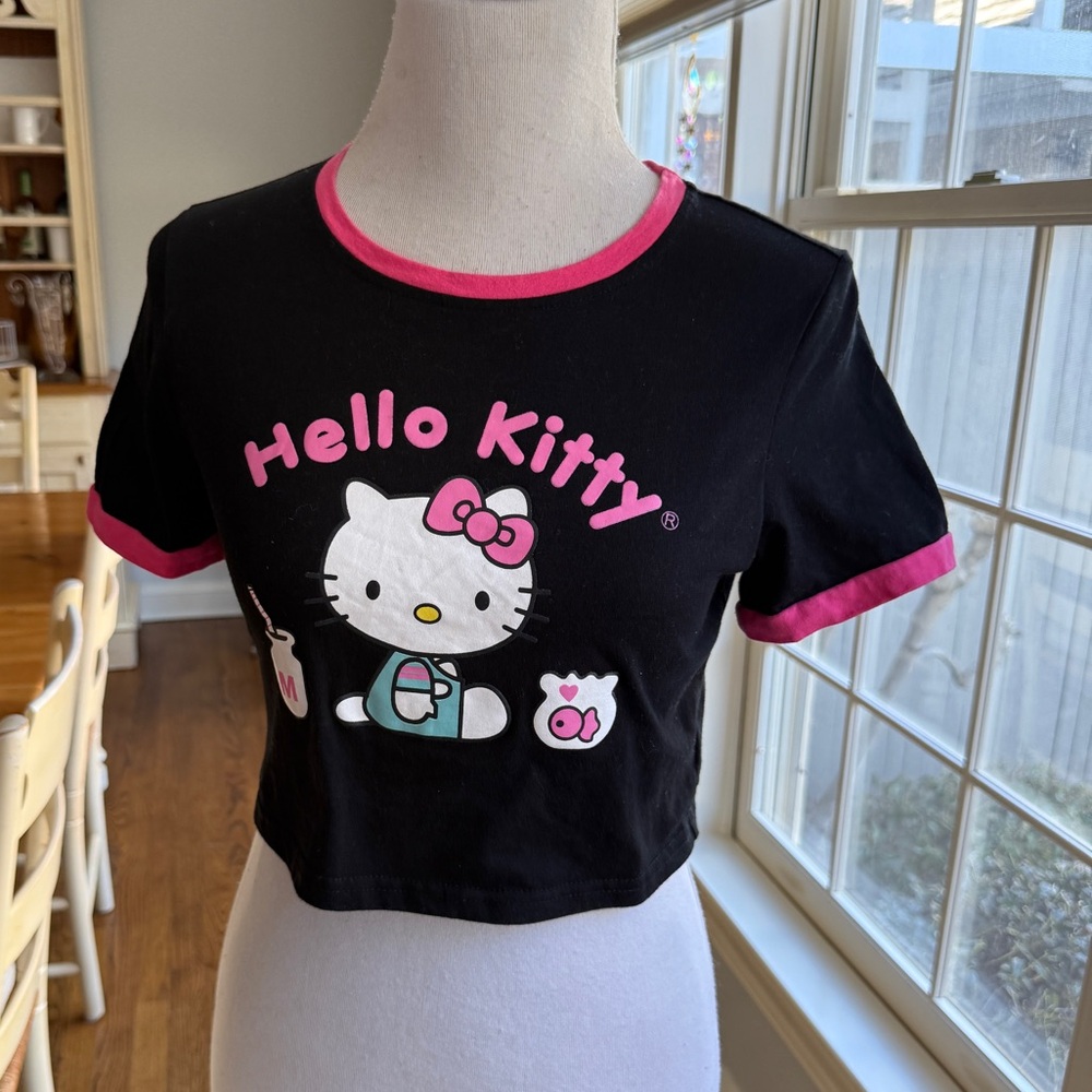 SHEIN x Hello Kitty Black/Hot Pink Crop Top Cat Graphic T-Shirt Junior Size XL